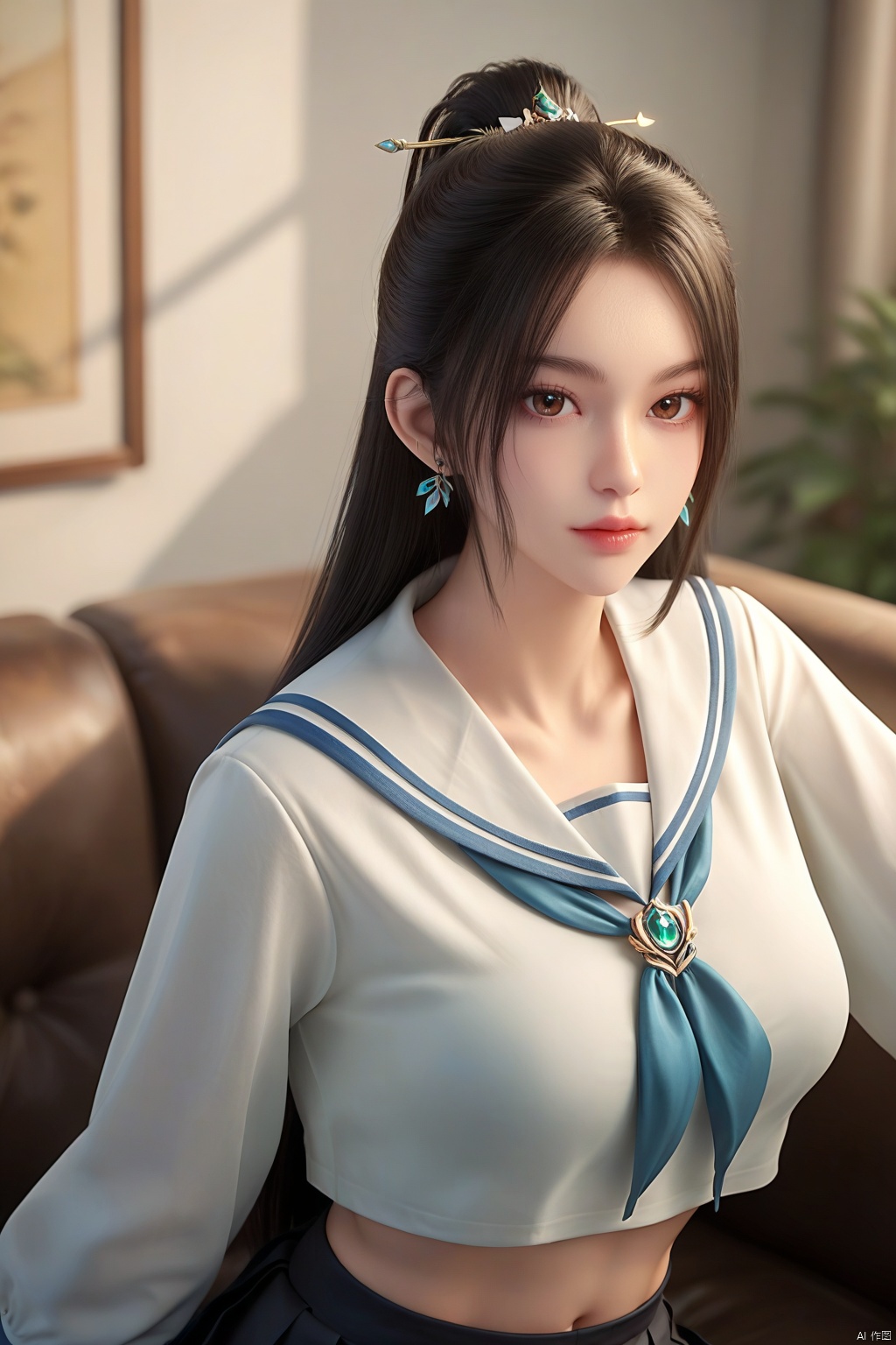 score_9_up,score_8_up,score_7_up,1girl, solo,long hair,hair ornament,  large breasts,( white sailor_shirt:1.3 ),(black pleated_skirt:1.3) ,indoor,looking at viewer, brown eyes, midriff, sitting,couch,black pantyhose , black hair,NingYao