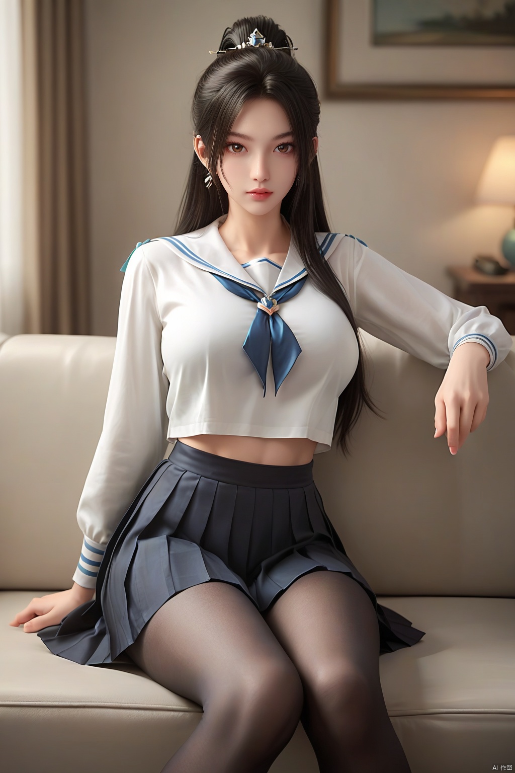 score_9_up,score_8_up,score_7_up,1girl, solo,long hair,hair ornament,  large breasts,( white sailor_shirt:1.3 ),(black pleated_skirt:1.3) ,indoor,looking at viewer, brown eyes, midriff, sitting,couch,black pantyhose , black hair,NingYao