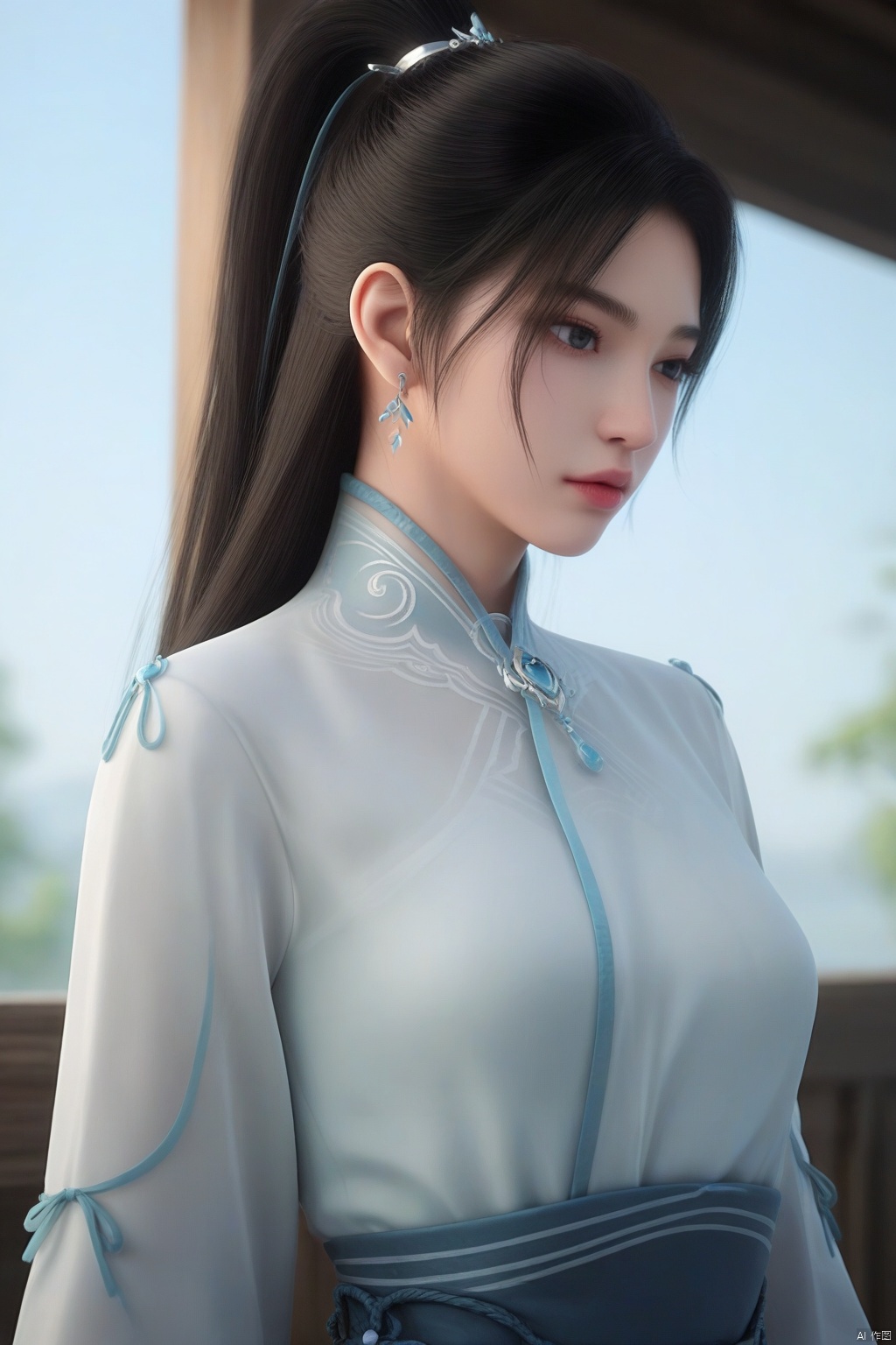 score_9_up,score_8_up,score_7_up,1girl, solo, long hair, black hair, long sleeves, dress, jewelry, upper body, ponytail, earrings, sky, white dress, blue sky, window, chinese clothes,NingYao
