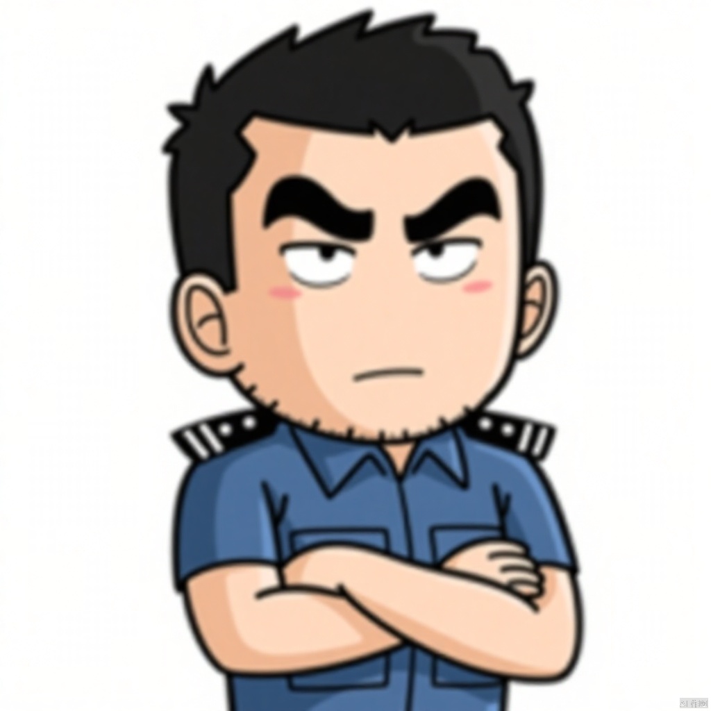 Very clear, highly detailed,
1man,mature male,laohu,male focus,Short hair,
The image is a cartoon-style illustration of a person wearing a blue uniform with shoulder epaulets. The person has short black hair and is depicted with a stern expression, with furrowed brows and a slightly open mouth. The arms are crossed over the chest, and the character has a small beard. The background of the image is plain white.