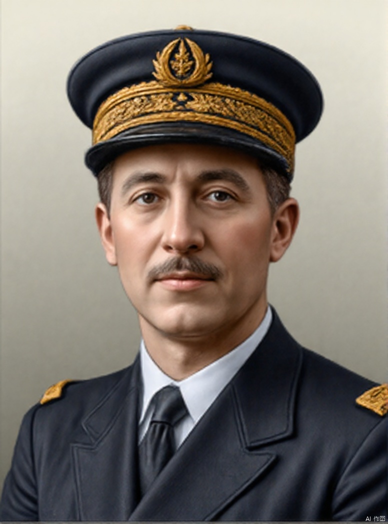 Prompt: solo, 1boy, upper body, male focus, military, military uniform, military hat, facial hair, mustache, realistic, manly, collared shirt, film texture, oil painting texture, high contrast, highlights