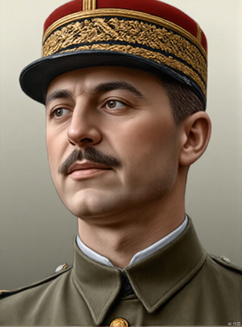 solo, 1boy, upper body, male focus, military, military uniform, military hat, facial hair, mustache, realistic, manly, collared shirt, film texture, oil painting texture, high contrast, highlights