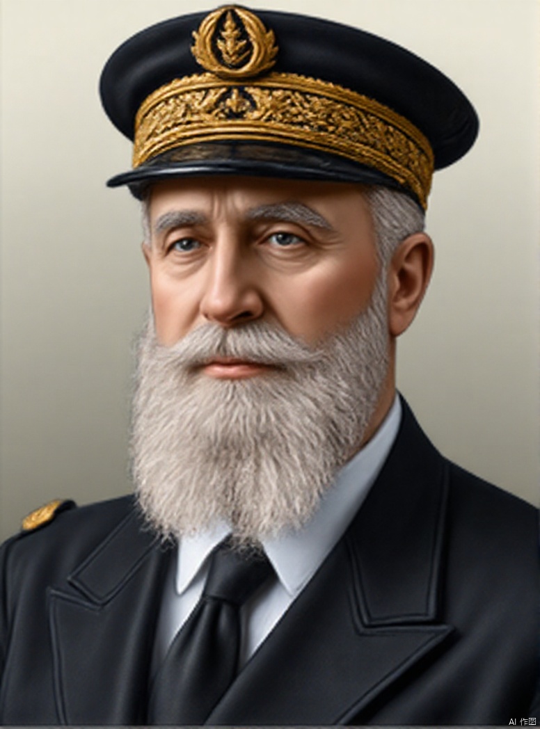 solo, 1boy, hat, white hair, male focus, necktie, uniform, military, military uniform, facial hair, peaked cap, black necktie, beard, military hat, realistic, mustache, old, old man