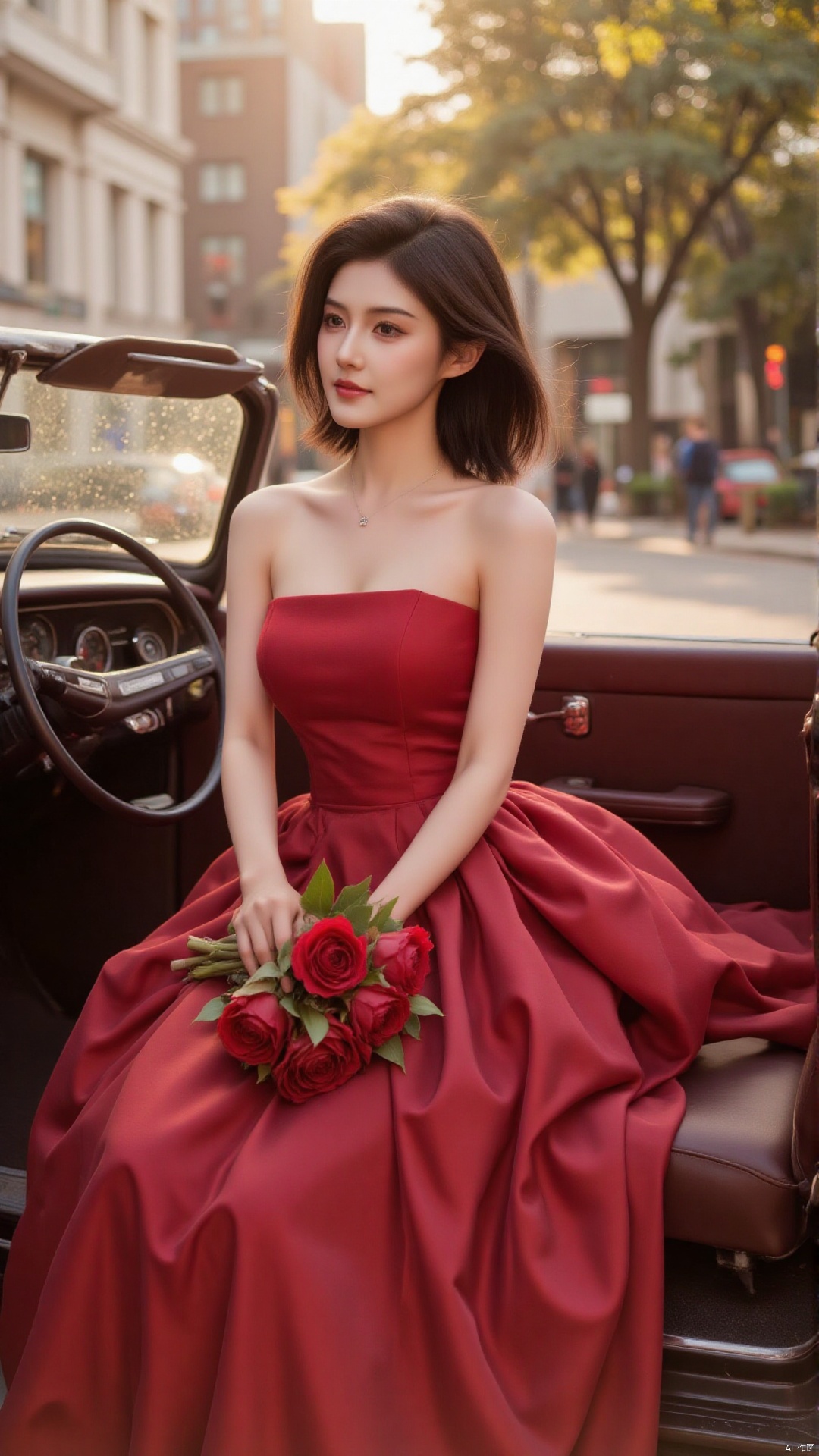 "A bride in a red wedding dress with a dramatic train sits in a vintage convertible. She holds a bouquet of red peonies, her dark hair flowing in soft waves. Soft warm lighting highlights her elegance against a city backdrop of buildings and trees."

