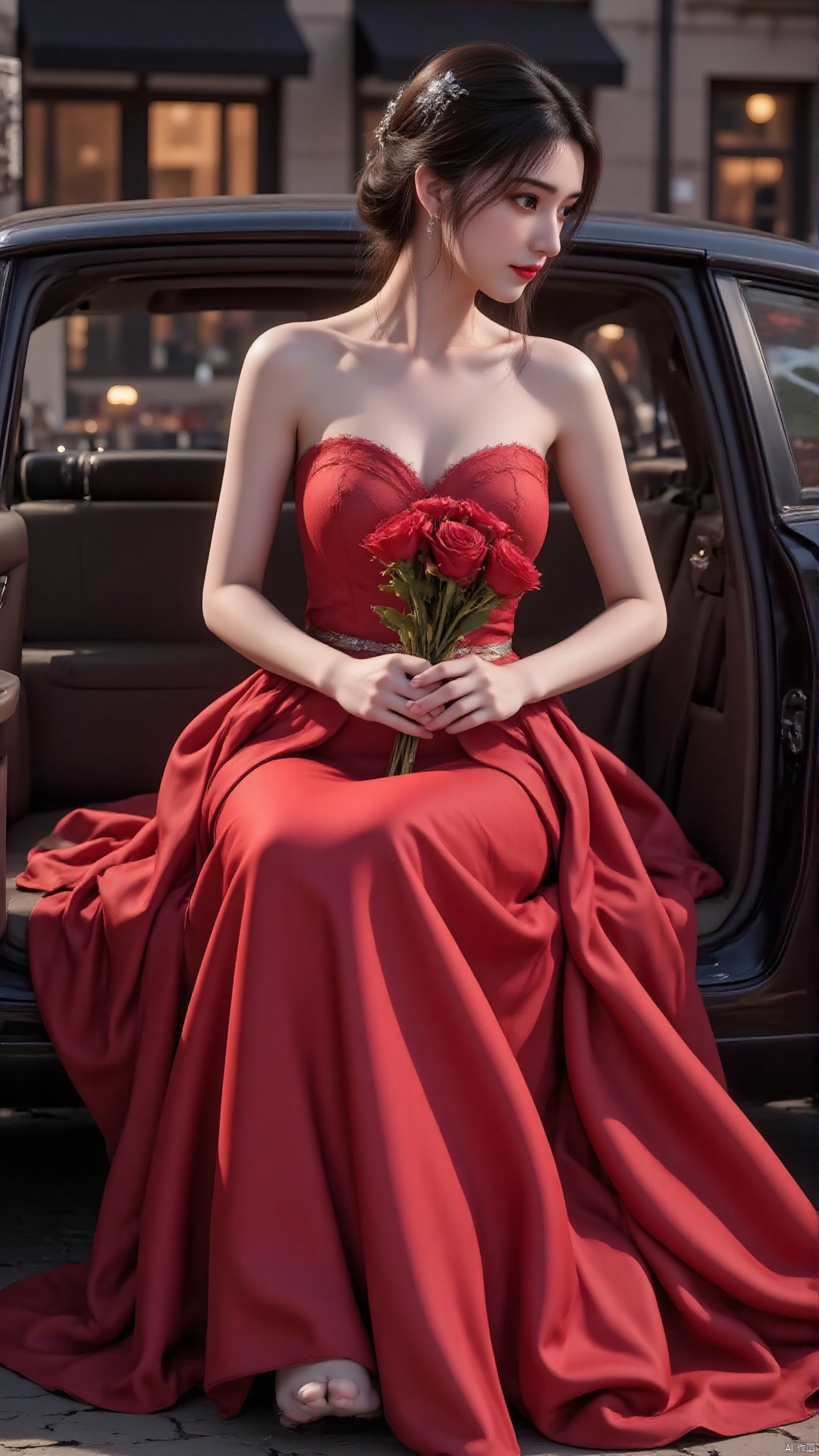 "A bride in a simple red wedding dress with a flowing skirt sits in a classic limousine. She holds a bouquet of red peonies, her updo adorned with a sparkling tiara. Soft lighting creates a romantic urban atmosphere."