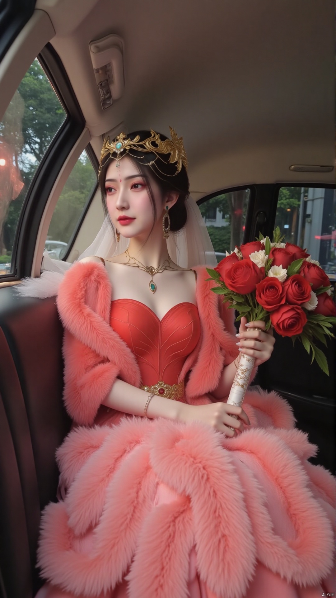"A bride in a simple red wedding dress with a flowing skirt sits in a classic limousine. She holds a bouquet of red peonies, her updo adorned with a sparkling tiara. Soft lighting creates a romantic urban atmosphere."
