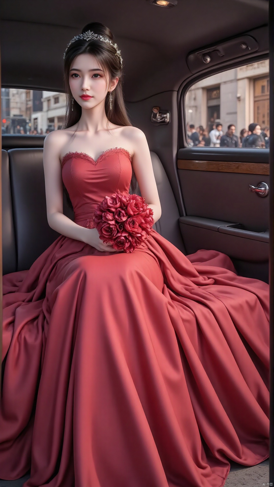 "A bride in a simple red wedding dress with a flowing skirt sits in a classic limousine. She holds a bouquet of red peonies, her updo adorned with a sparkling tiara. Soft lighting creates a romantic urban atmosphere."