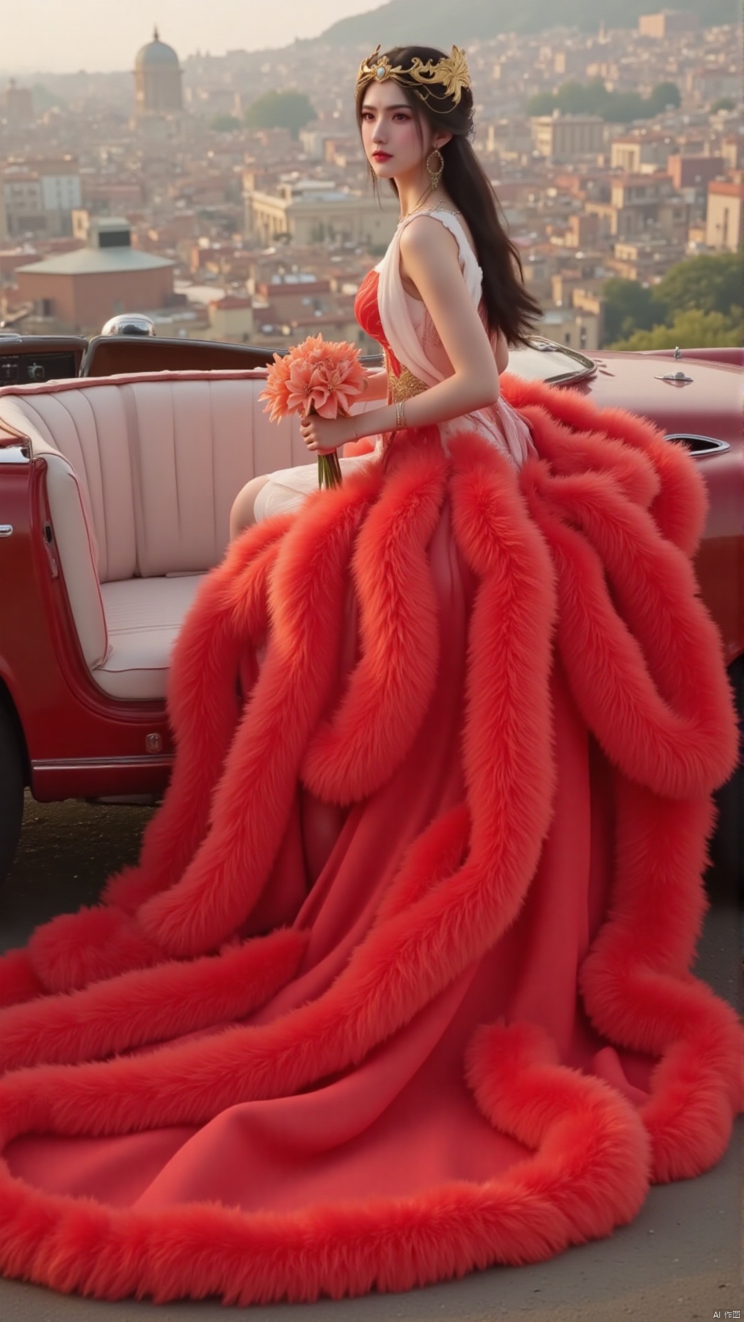 "A bride in a luxurious red wedding dress with a dramatic train sits in a vintage convertible. She holds a bouquet of coral lilies, her long dark hair styled in loose waves. The vibrant red dress stands out against the romantic cityscape."

