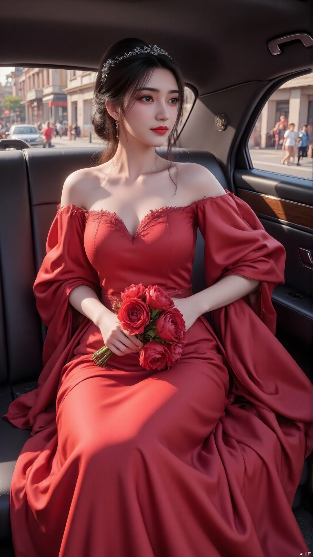 "A bride in a simple red wedding dress with a flowing skirt sits in a classic limousine. She holds a bouquet of red peonies, her updo adorned with a sparkling tiara. Soft lighting creates a romantic urban atmosphere."