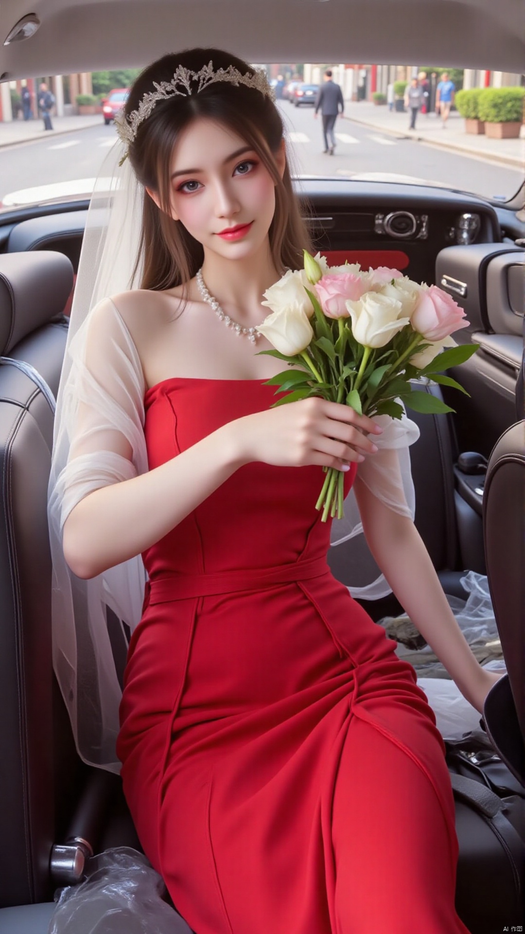 "A bride in a fitted red wedding dress sits in a retro sedan. She holds a mixed bouquet of roses and tulips, her hair in soft waves. The classic car interior adds elegance to the serene city street scene."
