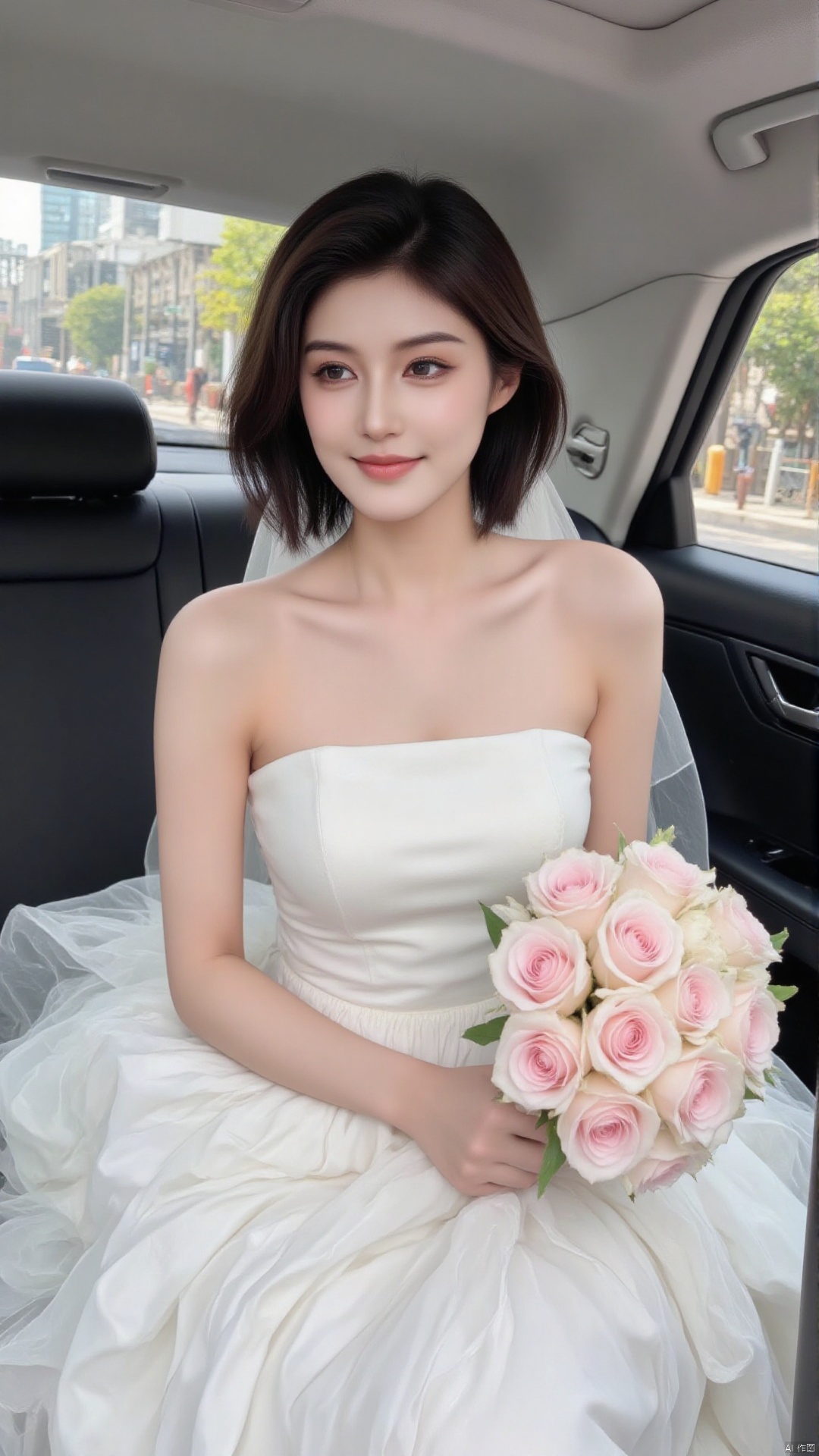 The image shows a young woman sitting in the back seat of a car She is wearing a white wedding dress with a strapless bodice and a full skirt She has a tiara on her head and is holding a bouquet of pink roses in her hands The woman has long dark hair styled in loose waves and is looking off to the side with a slight smile on her face The background shows a city street with buildings and trees.