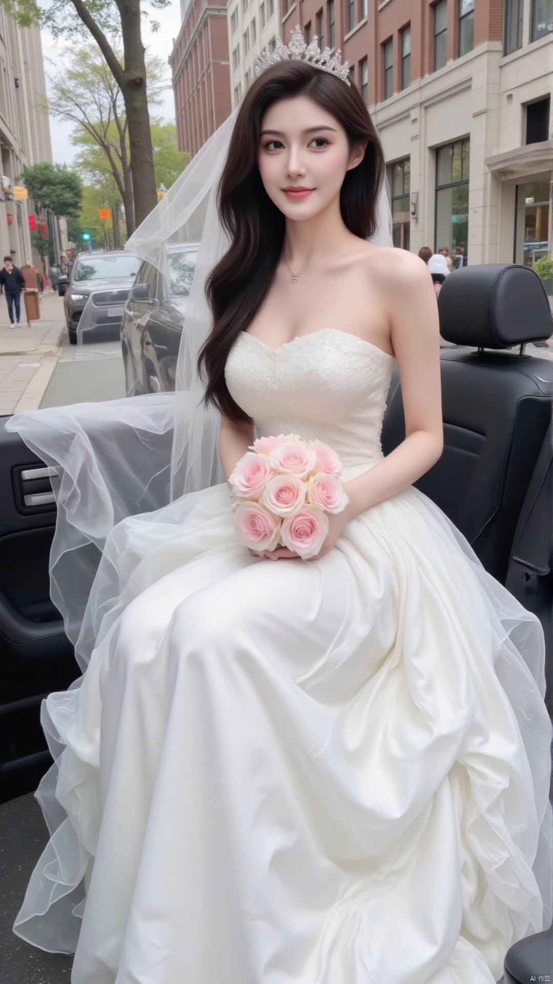 The image shows a young woman sitting in the back seat of a car She is wearing a white wedding dress with a strapless bodice and a full skirt She has a tiara on her head and is holding a bouquet of pink roses in her hands The woman has long dark hair styled in loose waves and is looking off to the side with a slight smile on her face The background shows a city street with buildings and trees.