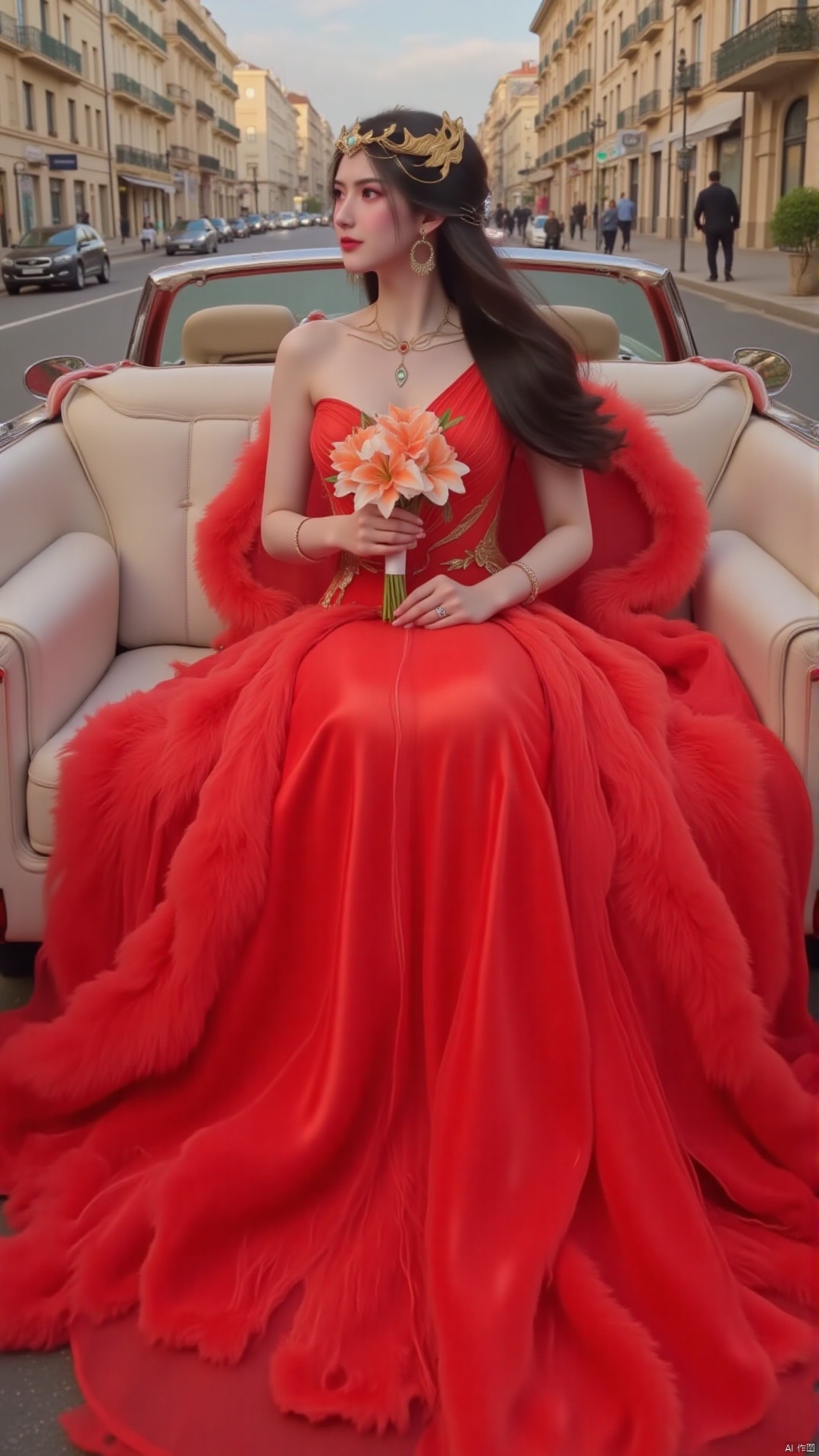 "A bride in a luxurious red wedding dress with a dramatic train sits in a vintage convertible. She holds a bouquet of coral lilies, her long dark hair styled in loose waves. The vibrant red dress stands out against the romantic cityscape."

