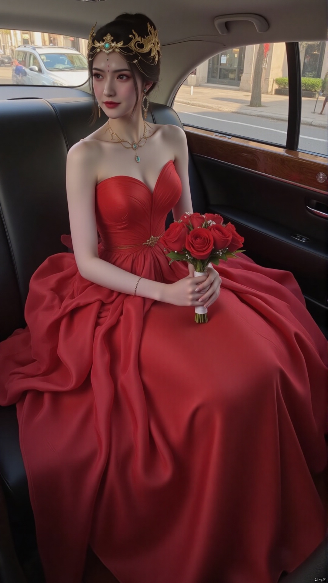 "A bride in a simple red wedding dress with a flowing skirt sits in a classic limousine. She holds a bouquet of red peonies, her updo adorned with a sparkling tiara. Soft lighting creates a romantic urban atmosphere."
