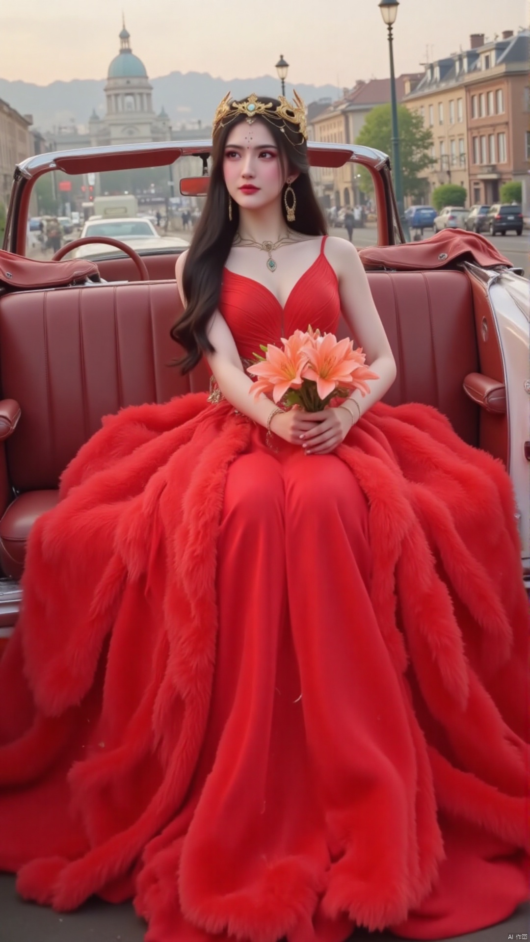 "A bride in a luxurious red wedding dress with a dramatic train sits in a vintage convertible. She holds a bouquet of coral lilies, her long dark hair styled in loose waves. The vibrant red dress stands out against the romantic cityscape."

