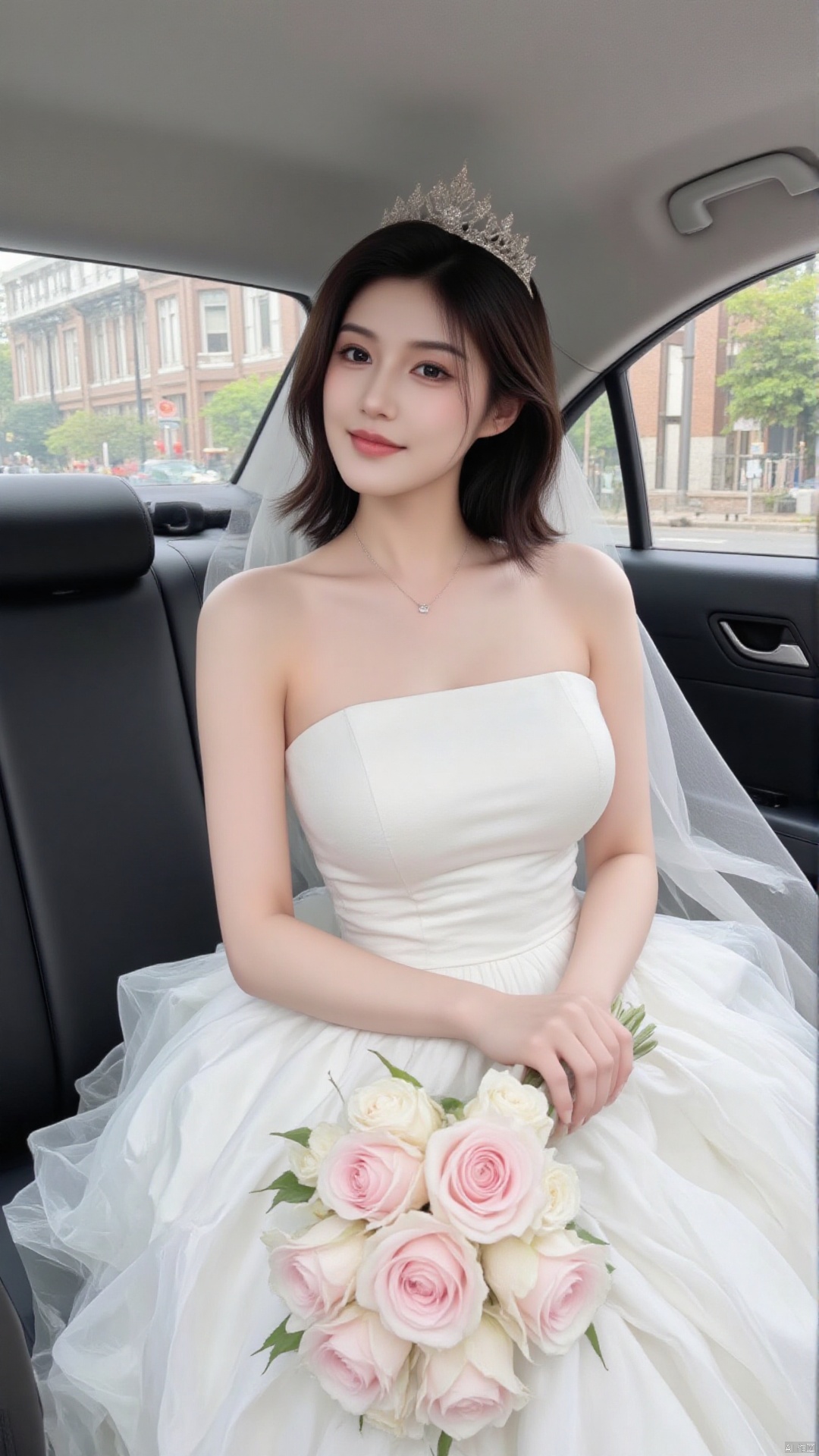 The image shows a young woman sitting in the back seat of a car She is wearing a white wedding dress with a strapless bodice and a full skirt She has a tiara on her head and is holding a bouquet of pink roses in her hands The woman has long dark hair styled in loose waves and is looking off to the side with a slight smile on her face The background shows a city street with buildings and trees.