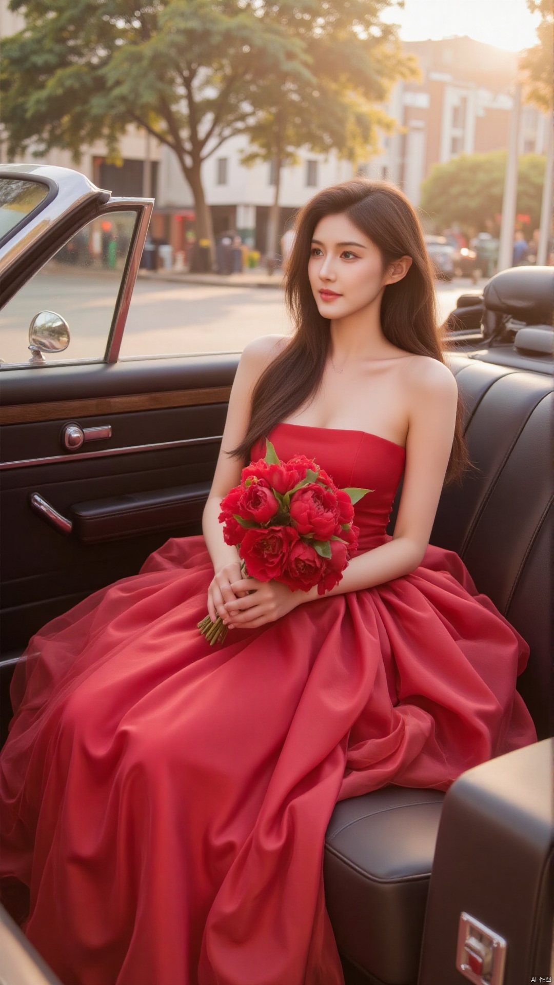 "A bride in a red wedding dress with a dramatic train sits in a vintage convertible. She holds a bouquet of red peonies, her dark hair flowing in soft waves. Soft warm lighting highlights her elegance against a city backdrop of buildings and trees."

