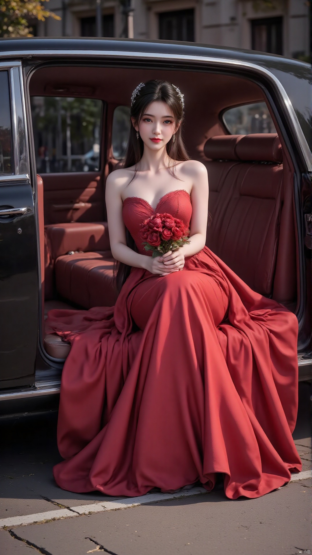 "A bride in a simple red wedding dress with a flowing skirt sits in a classic limousine. She holds a bouquet of red peonies, her updo adorned with a sparkling tiara. Soft lighting creates a romantic urban atmosphere."