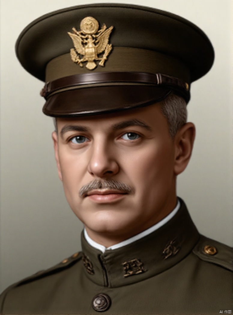 solo, 1boy, upper body, male focus, military, military uniform, military hat, facial hair, mustache, realistic, manly, collared shirt, film texture, oil painting texture, high contrast, highlights
