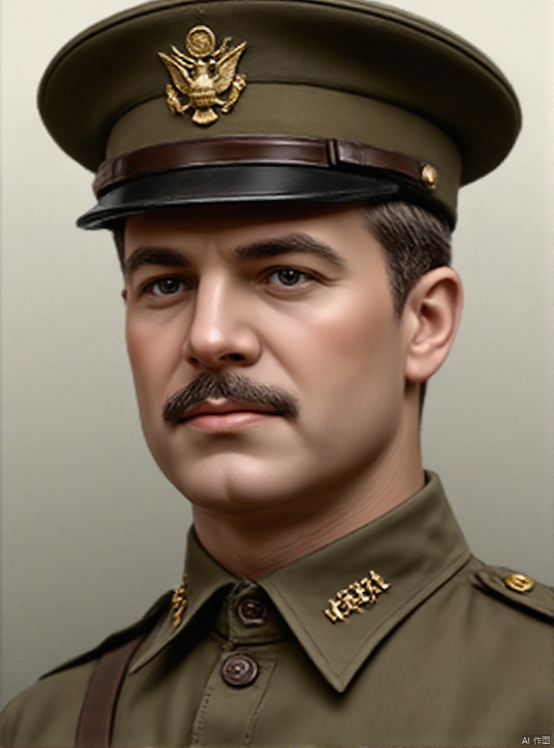 solo, 1boy, upper body, male focus, military, military uniform, military hat, facial hair, mustache, realistic, manly, collared shirt, film texture, oil painting texture, high contrast, highlights