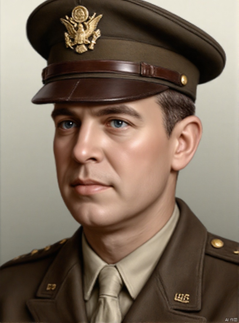 solo, blue eyes, brown hair, 1boy, hat, male focus, necktie, uniform, military, military uniform, peaked cap, military hat, realistic, world war ii