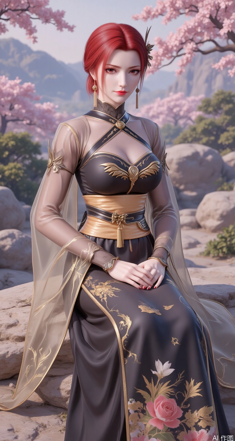 lvjing,baoshi,lvjing,yafei,red hair,short hair,brown eyes,fair_skin,hair_ornament,,lvjing,1girl,solo,hair ornament,jewelry,earrings,blurry background,chinese clothes,flower,blurry,long sleeves,dress,hair flower,hanfu,sash,looking at viewer,hair bun,rock,breasts,see-through,tassel,closed mouth,outdoors,tassel earrings,cover,simple background,gradient_background,Close-up details,outstanding style,adding a touch of dimension to your images without compromising details,close-up,