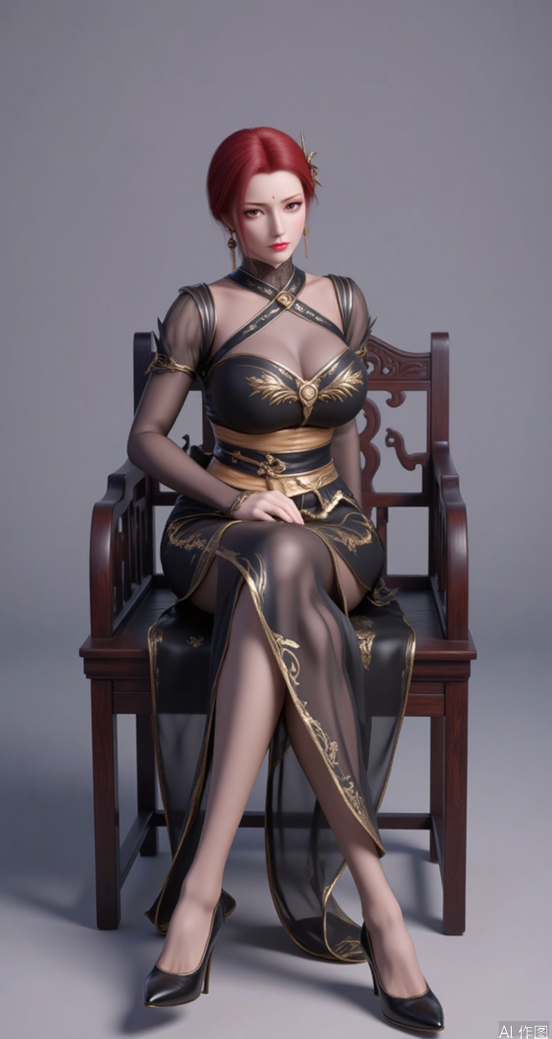 lvjing,baoshi,lvjing,yafei,red hair,short hair,brown eyes,fair_skin,hair_ornament,,lvjing,1girl,solo,high heels,dress,breasts,jewelry,earrings,black footwear,sitting,looking at viewer,cleavage,full body,nico robin,large breasts,makeup,grey dress,lips,see-through,closed mouth,legs,collarbone,forehead,lipstick,black dress,long dress,cover,simple background,gradient_background,Close-up details,outstanding style,adding a touch of dimension to your images without compromising details,close-up,