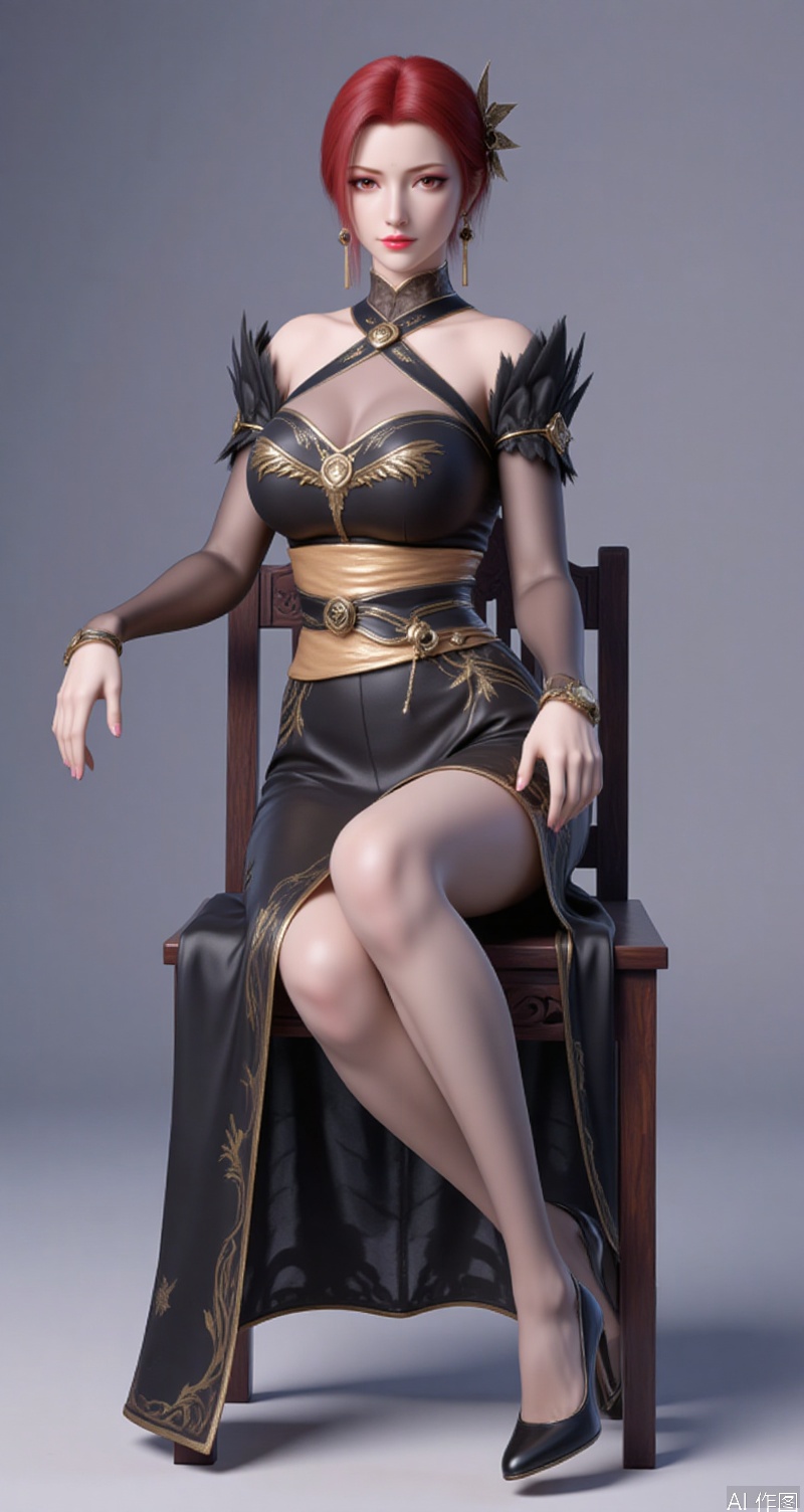 lvjing,baoshi,lvjing,yafei,red hair,short hair,brown eyes,fair_skin,hair_ornament,,lvjing,1girl,solo,high heels,dress,breasts,jewelry,earrings,black footwear,sitting,looking at viewer,cleavage,full body,nico robin,large breasts,makeup,grey dress,lips,see-through,closed mouth,legs,collarbone,forehead,lipstick,black dress,long dress,cover,simple background,gradient_background,Close-up details,outstanding style,adding a touch of dimension to your images without compromising details,close-up,