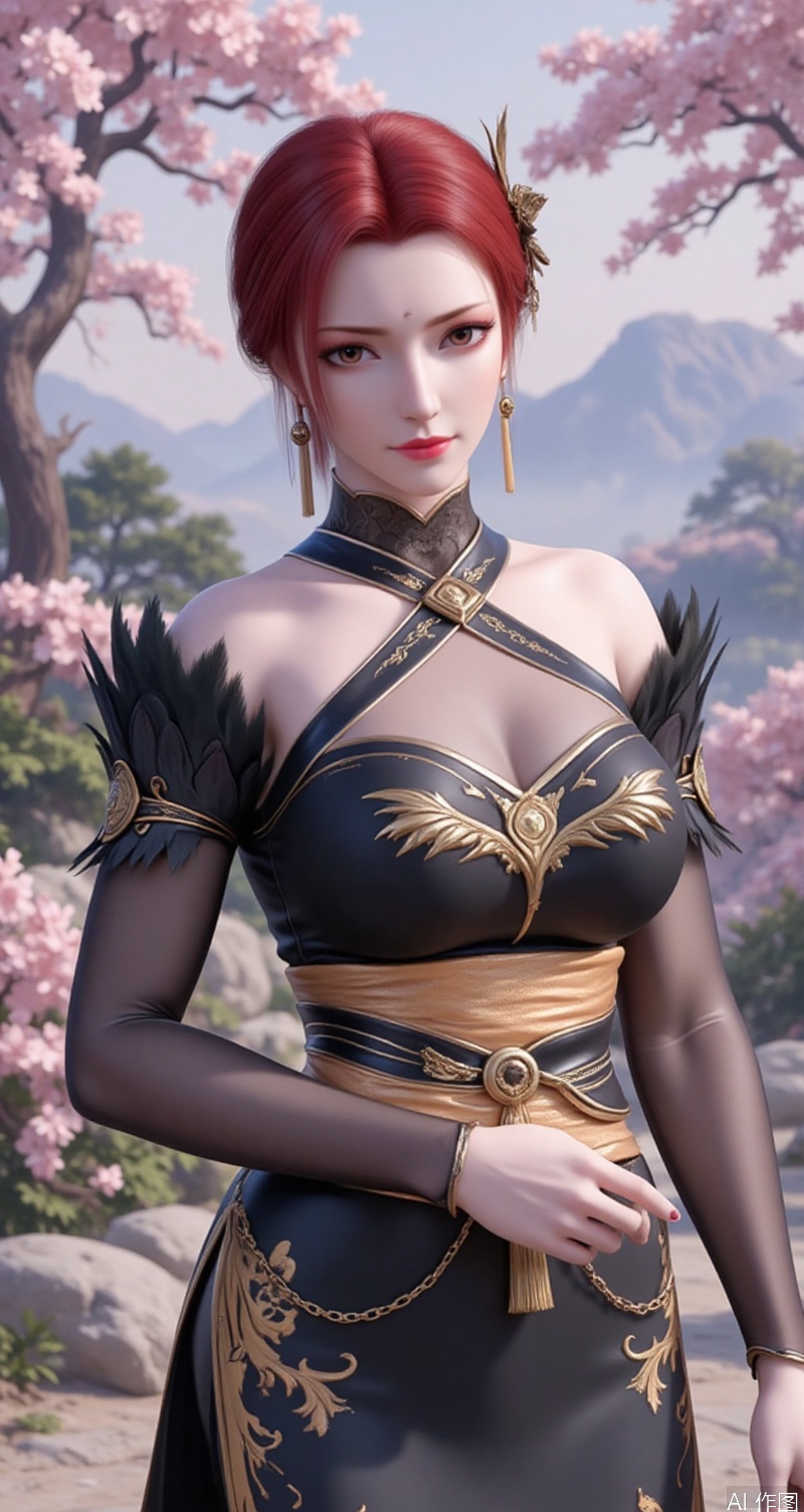 lvjing,baoshi,lvjing,yafei,red hair,short hair,brown eyes,fair_skin,hair_ornament,,lvjing,1girl,solo,hair ornament,jewelry,earrings,blurry background,chinese clothes,flower,blurry,long sleeves,hair flower,hanfu,sash,looking at viewer,hair bun,rock,breasts,see-through,tassel,closed mouth,outdoors,tassel earrings,cover,simple background,gradient_background,Close-up details,outstanding style,adding a touch of dimension to your images without compromising details,close-up,