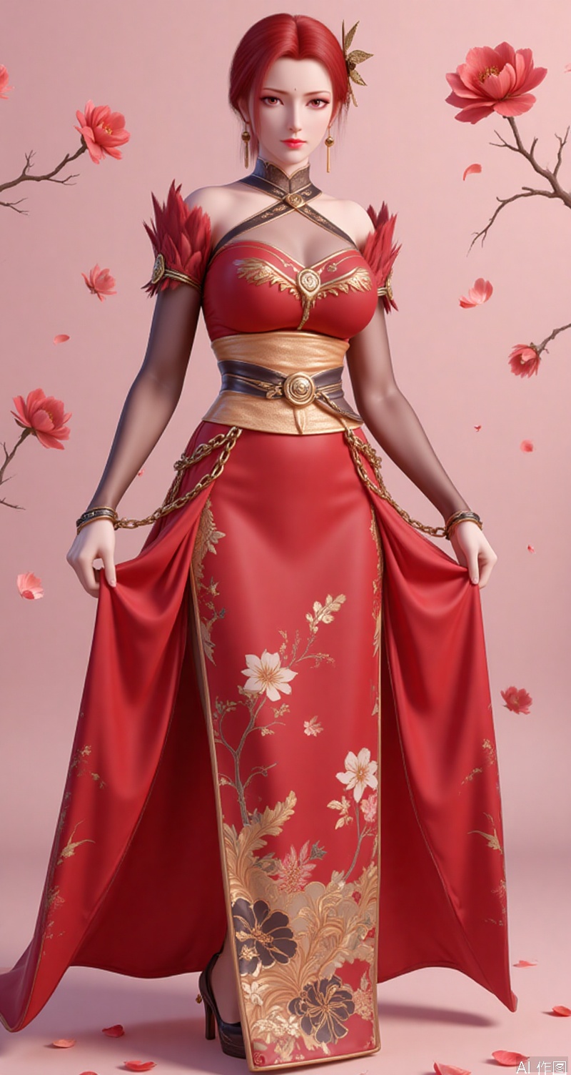 lvjing,baoshi,lvjing,yafei,red hair,short hair,brown eyes,fair_skin,hair_ornament,,lvjing,1girl,jewelry,earrings,flower,solo,hair ornament,skirt,red skirt,looking at viewer,breasts,petals,boa hancock,long sleeves,chain,floral print,long skirt,standing,large breasts,red flower,hair flower,skirt hold,closed mouth,cover,simple background,gradient_background,Close-up details,outstanding style,adding a touch of dimension to your images without compromising details,close-up,