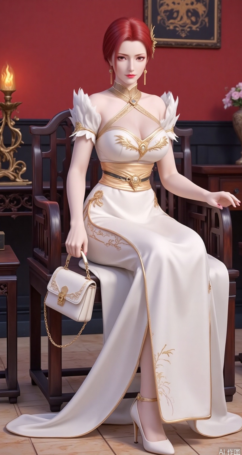lvjing,baoshi,lvjing,yafei,red hair,short hair,brown eyes,fair_skin,hair_ornament,,lvjing,1girl,handbag,jewelry,breasts,dress,earrings,bag,solo,white dress,high heels,large breasts,cleavage,plunging neckline,looking at viewer,holding bag,nail polish,long dress,indoors,collarbone,holding,white footwear,necklace,lips,cover,simple background,gradient_background,Close-up details,outstanding style,adding a touch of dimension to your images without compromising details,close-up,cover,simple background,gradient_background,Close-up details,outstanding style,adding a touch of dimension to your images without compromising details,close-up,sitting,