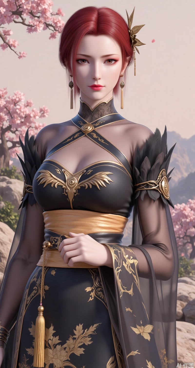 lvjing,baoshi,lvjing,yafei,red hair,short hair,brown eyes,fair_skin,hair_ornament,,lvjing,1girl,solo,hair ornament,jewelry,earrings,blurry background,chinese clothes,flower,blurry,long sleeves,hair flower,hanfu,sash,looking at viewer,hair bun,rock,breasts,see-through,tassel,closed mouth,outdoors,tassel earrings,cover,simple background,gradient_background,Close-up details,outstanding style,adding a touch of dimension to your images without compromising details,close-up,