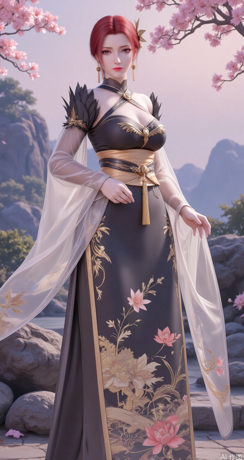 lvjing,baoshi,lvjing,yafei,red hair,short hair,brown eyes,fair_skin,hair_ornament,,lvjing,1girl,solo,hair ornament,jewelry,earrings,blurry background,chinese clothes,flower,blurry,long sleeves,dress,hair flower,hanfu,sash,looking at viewer,hair bun,rock,breasts,see-through,tassel,closed mouth,outdoors,tassel earrings,cover,simple background,gradient_background,Close-up details,outstanding style,adding a touch of dimension to your images without compromising details,close-up,