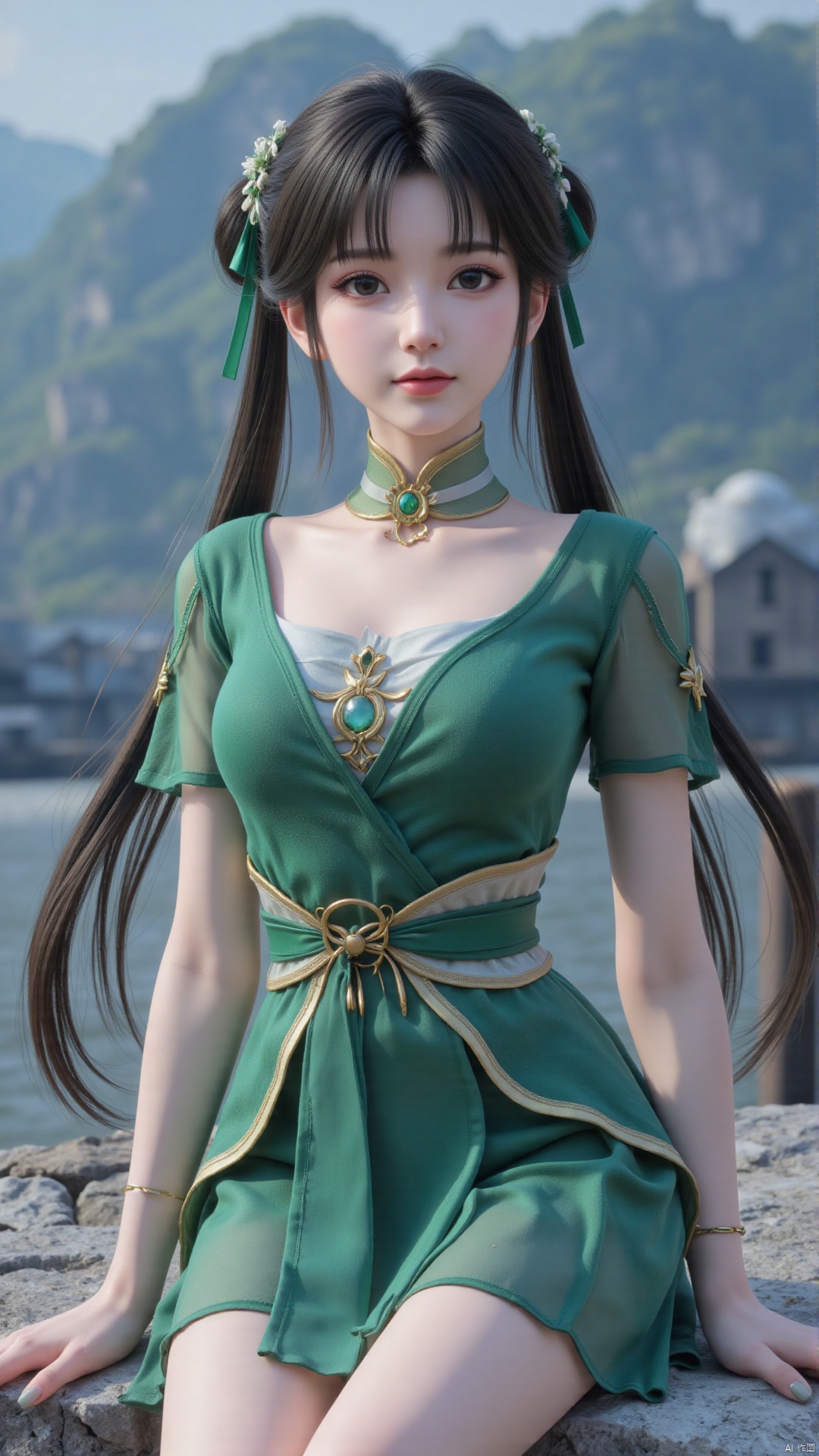  1girl, green dress, bare legs, twintails, solo, hair ornament, chinese clothes, mischevious smile, perfect body, scenery, sharp focus, best quality, masterpiece, detailed outfit, illustration, perfect eyes, finely detailed beautiful anime eyes, realistic skin, intricate details, best lighting, depth of field, ultra high resolution,cowboy_shot, dynamic pose, dynamic angle,