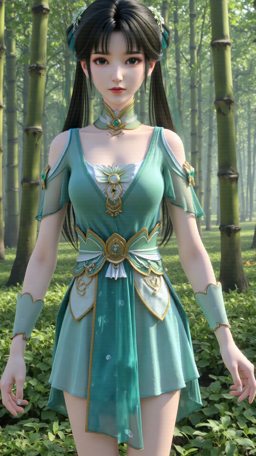 1girl, green dress, bare legs, twintails, solo, hair ornament, chinese clothes, mischevious smile, perfect body, scenery, sharp focus, best quality, masterpiece, detailed outfit, illustration, perfect eyes, finely detailed beautiful anime eyes, realistic skin, intricate details, best lighting, depth of field, ultra high resolution,cowboy_shot, dynamic pose, dynamic angle,