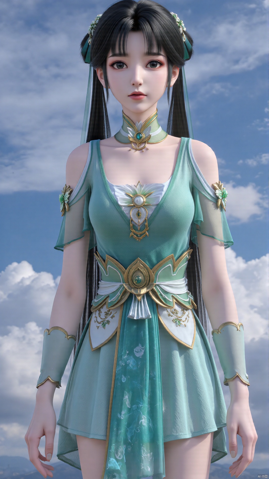  1girl, green dress, bare legs, twintails, solo, hair ornament, chinese clothes, mischevious smile, perfect body, scenery, sharp focus, best quality, masterpiece, detailed outfit, illustration, perfect eyes, finely detailed beautiful anime eyes, realistic skin, intricate details, best lighting, depth of field, ultra high resolution,cowboy_shot, dynamic pose, dynamic angle,