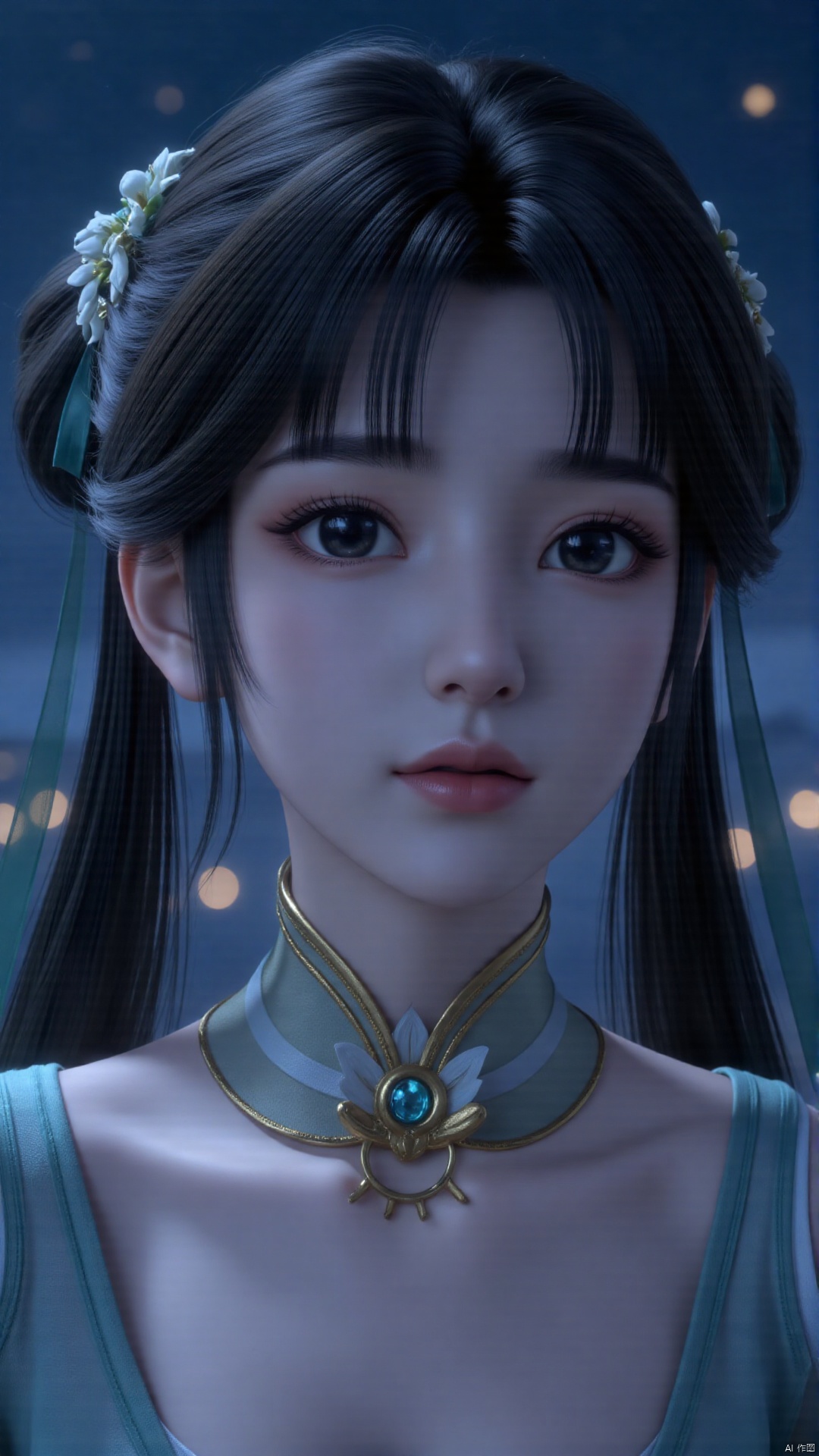 qingyi, . This is a hyper-realistic CGI (computer-generated imagery) rendering of a young East Asian woman with a serene, ethereal expression. The subject's complexion is fair with a subtle pink undertone, and her dark, straight hair is meticulously styled with intricate braids and adorned with delicate, white flower hairpins. The flowers have small blue accents and are intricately detailed, suggesting a traditional Asian aesthetic. She wears a delicate, gold hairpin with a blue gem, which complements the blue and white elements in her accessories. Her ears are adorned with matching, blue and white, ornate drop earrings. Her makeup is minimal, with a natural, subtle blush and light eyeshadow. The background features a misty, dark-blue sky with faint, glowing lights that suggest a night setting, enhancing the mystical ambiance. The subject's attire is not visible, but the texture of her skin and the fine details of her hair and accessories indicate a high level of artistic precision. The overall composition conveys a sense of tranquility and otherworldliness, blending elements of traditional and modern aesthetics.