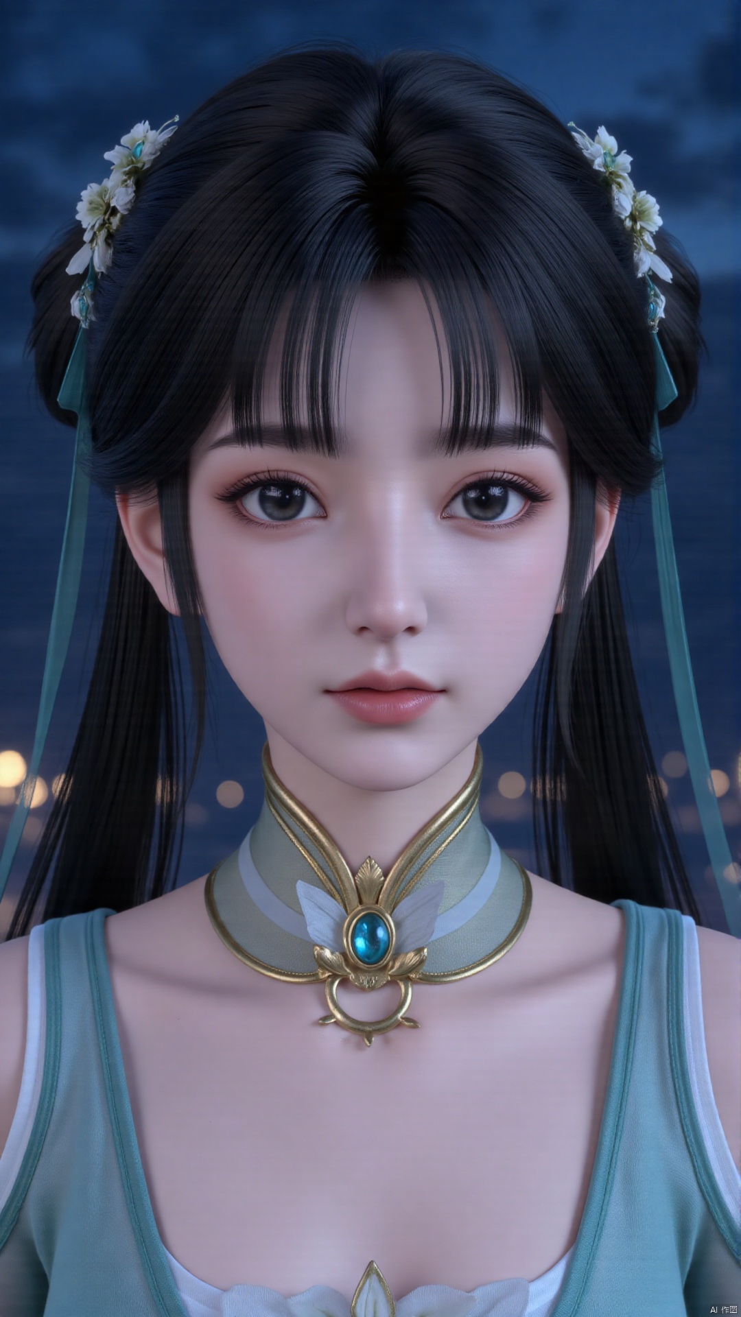 qingyi, . This is a hyper-realistic CGI (computer-generated imagery) rendering of a young East Asian woman with a serene, ethereal expression. The subject's complexion is fair with a subtle pink undertone, and her dark, straight hair is meticulously styled with intricate braids and adorned with delicate, white flower hairpins. The flowers have small blue accents and are intricately detailed, suggesting a traditional Asian aesthetic. She wears a delicate, gold hairpin with a blue gem, which complements the blue and white elements in her accessories. Her ears are adorned with matching, blue and white, ornate drop earrings. Her makeup is minimal, with a natural, subtle blush and light eyeshadow. The background features a misty, dark-blue sky with faint, glowing lights that suggest a night setting, enhancing the mystical ambiance. The subject's attire is not visible, but the texture of her skin and the fine details of her hair and accessories indicate a high level of artistic precision. The overall composition conveys a sense of tranquility and otherworldliness, blending elements of traditional and modern aesthetics.