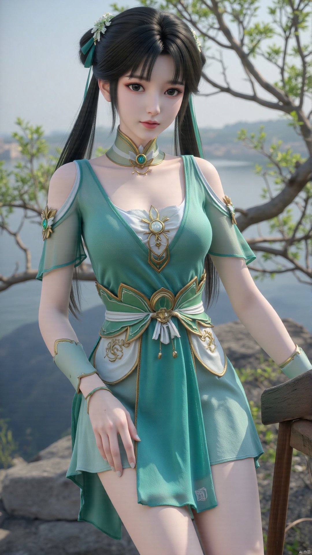  1girl, green dress, bare legs, twintails, solo, hair ornament, chinese clothes, mischevious smile, perfect body, scenery, sharp focus, best quality, masterpiece, detailed outfit, illustration, perfect eyes, finely detailed beautiful anime eyes, realistic skin, intricate details, best lighting, depth of field, ultra high resolution,cowboy_shot, dynamic pose, dynamic angle,
