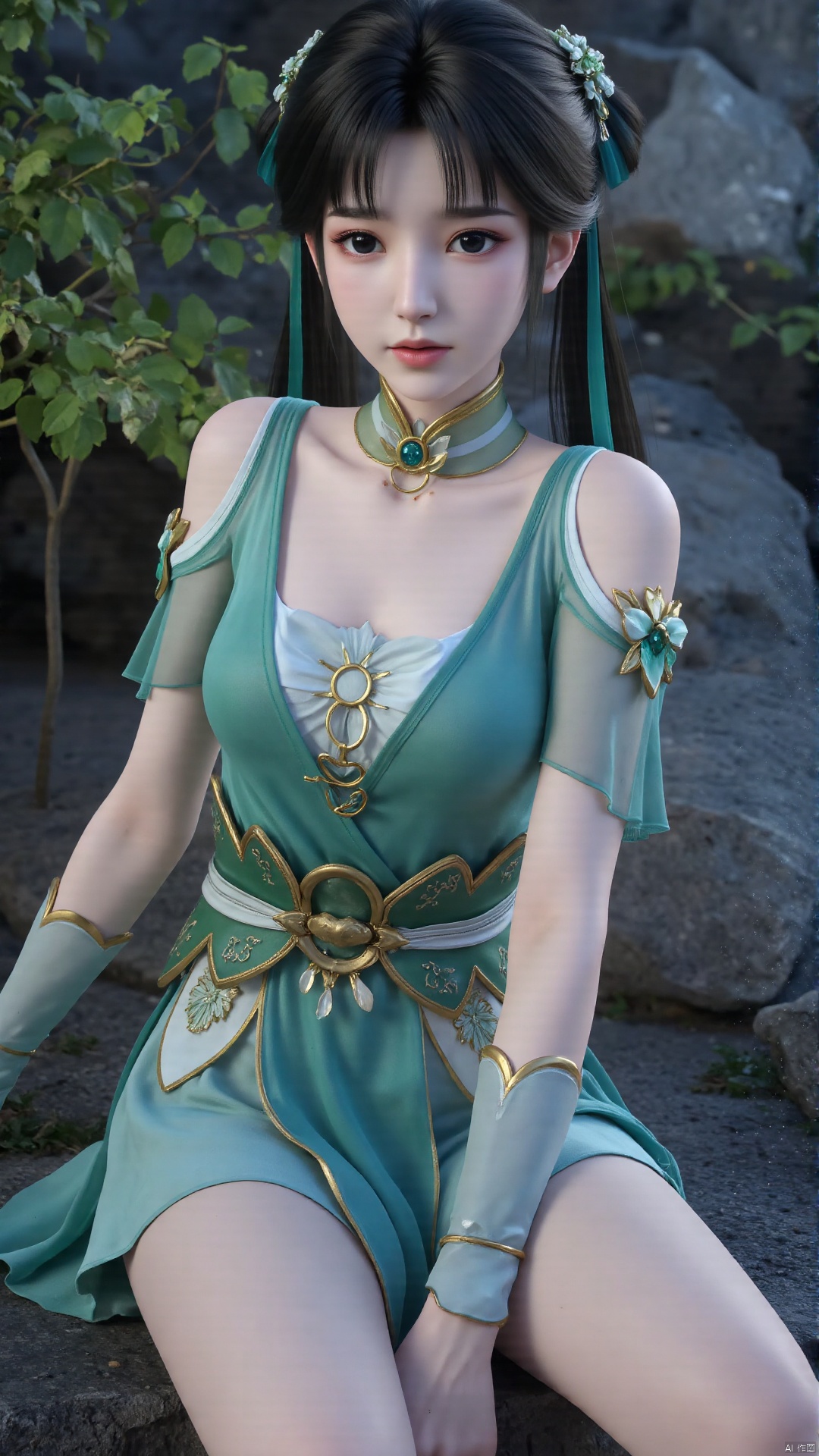  1girl, green dress, bare legs, twintails, solo, hair ornament, chinese clothes, mischevious smile, perfect body, scenery, sharp focus, best quality, masterpiece, detailed outfit, illustration, perfect eyes, finely detailed beautiful anime eyes, realistic skin, intricate details, best lighting, depth of field, ultra high resolution,cowboy_shot, dynamic pose, dynamic angle,