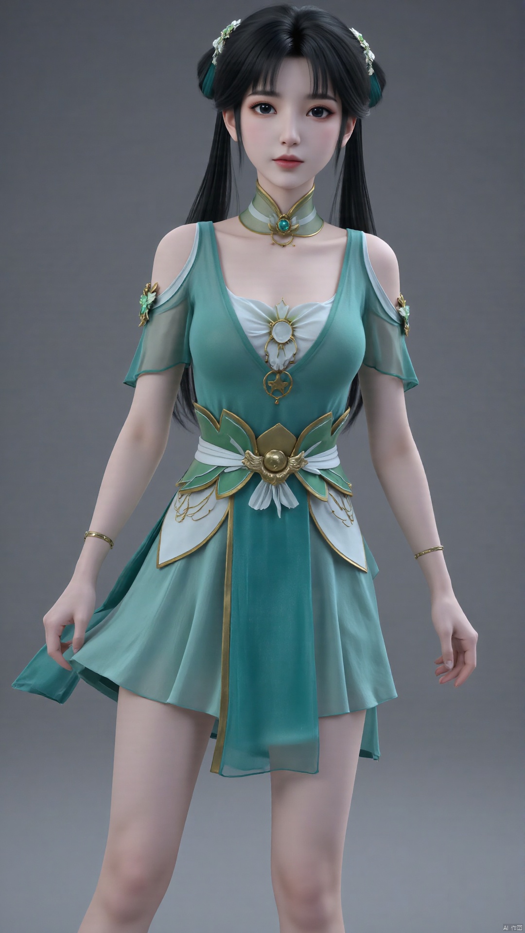  1girl, green dress, bare legs, twintails, solo, hair ornament, chinese clothes, mischevious smile, perfect body, scenery, sharp focus, best quality, masterpiece, detailed outfit, illustration, perfect eyes, finely detailed beautiful anime eyes, realistic skin, intricate details, best lighting, depth of field, ultra high resolution,cowboy_shot, dynamic pose, dynamic angle,