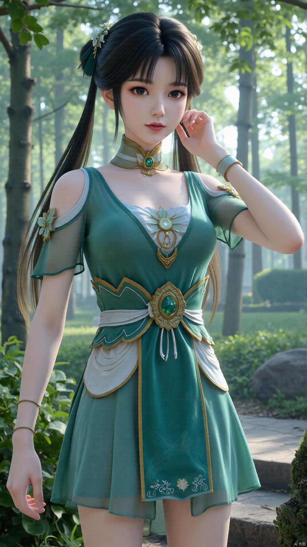  1girl, green dress, bare legs, twintails, solo, hair ornament, chinese clothes, mischevious smile, perfect body, scenery, sharp focus, best quality, masterpiece, detailed outfit, illustration, perfect eyes, finely detailed beautiful anime eyes, realistic skin, intricate details, best lighting, depth of field, ultra high resolution,cowboy_shot, dynamic pose, dynamic angle,