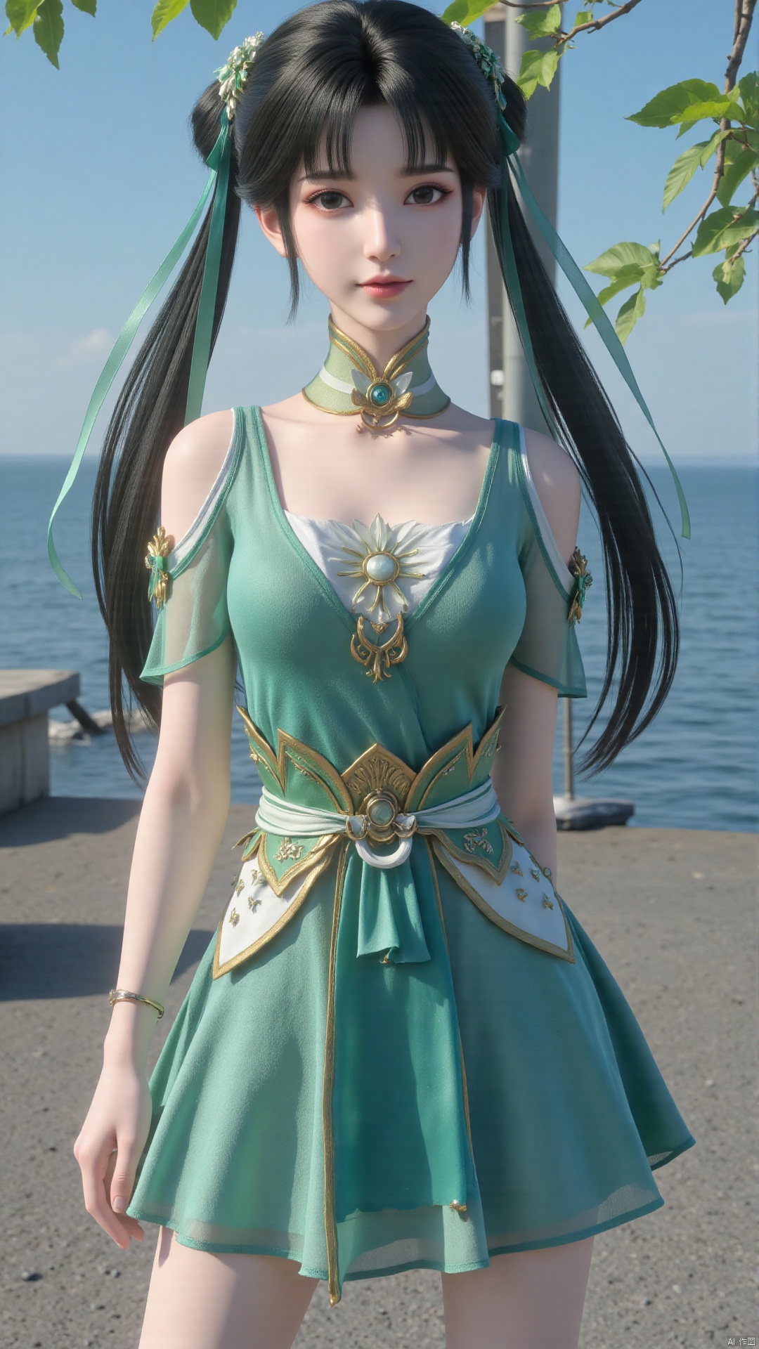  1girl, green dress, bare legs, twintails, solo, hair ornament, chinese clothes, mischevious smile, perfect body, scenery, sharp focus, best quality, masterpiece, detailed outfit, illustration, perfect eyes, finely detailed beautiful anime eyes, realistic skin, intricate details, best lighting, depth of field, ultra high resolution,cowboy_shot, dynamic pose, dynamic angle,