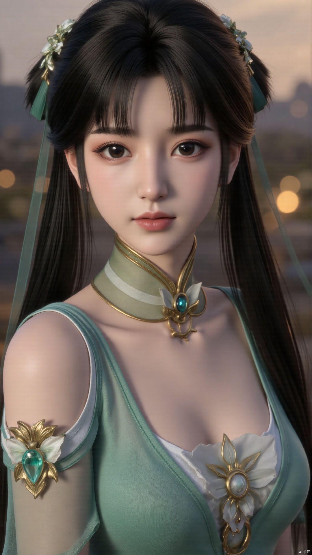  a asian woman, sexy long hair, charming and seductive temperament, distant close-up, golden ratio, movie texture, minimalism, high-end feeling, strong contrast between cold and warm, outdoor scenes, 