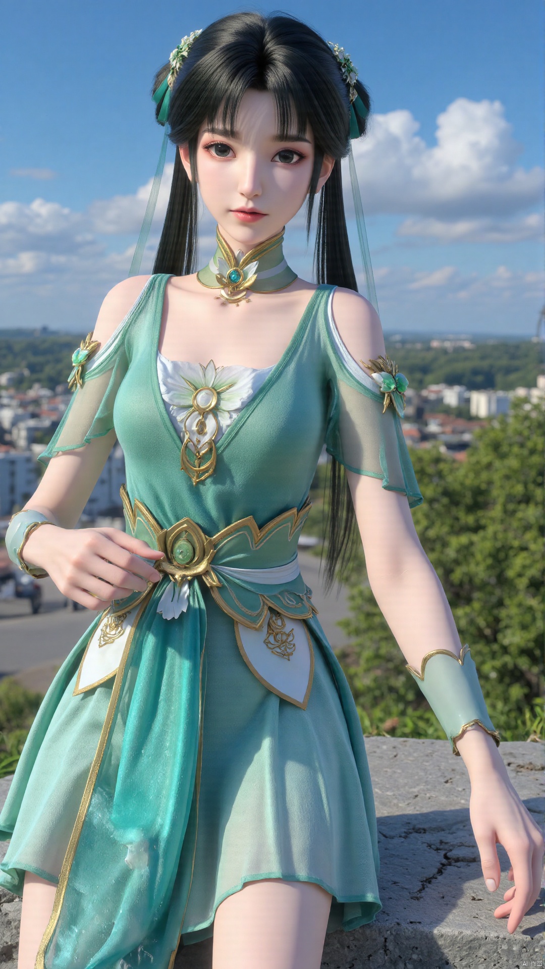  1girl, green dress, bare legs, twintails, solo, hair ornament, chinese clothes, mischevious smile, perfect body, scenery, sharp focus, best quality, masterpiece, detailed outfit, illustration, perfect eyes, finely detailed beautiful anime eyes, realistic skin, intricate details, best lighting, depth of field, ultra high resolution,cowboy_shot, dynamic pose, dynamic angle,