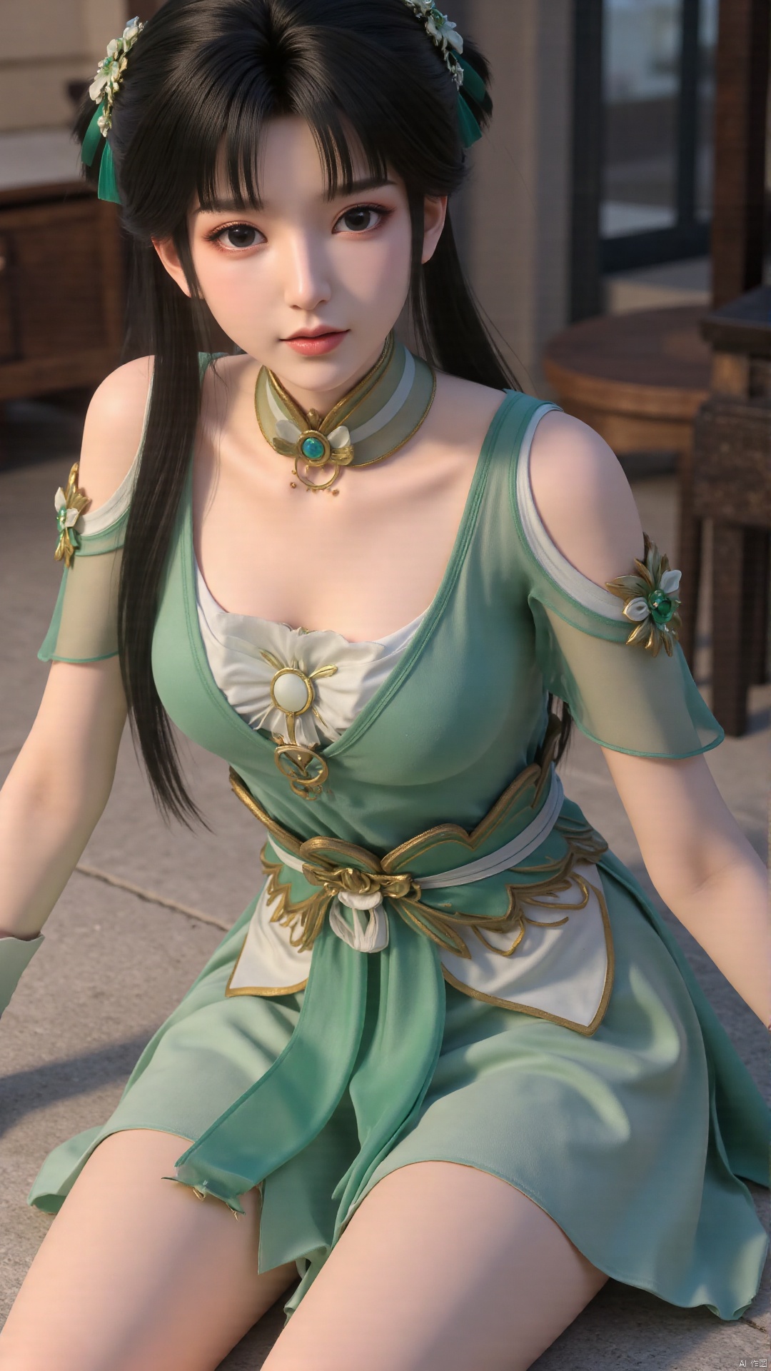  1girl, green dress, bare legs, twintails, solo, hair ornament, chinese clothes, mischevious smile, perfect body, scenery, sharp focus, best quality, masterpiece, detailed outfit, illustration, perfect eyes, finely detailed beautiful anime eyes, realistic skin, intricate details, best lighting, depth of field, ultra high resolution,cowboy_shot, dynamic pose, dynamic angle,