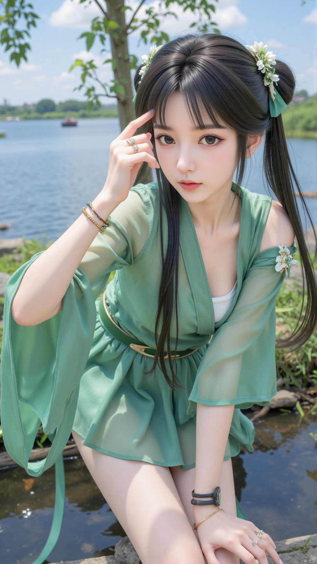  1girl, green dress, bare legs, twintails, solo, hair ornament, chinese clothes, mischevious smile, perfect body, scenery, sharp focus, best quality, masterpiece, detailed outfit, illustration, perfect eyes, finely detailed beautiful anime eyes, realistic skin, intricate details, best lighting, depth of field, ultra high resolution,cowboy_shot, dynamic pose, dynamic angle,