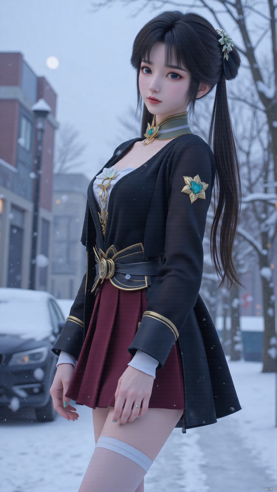 masterpiece,best quality,high quality,(colorful),1girl, solo, looking at viewer, (white_pantyhose:1.4), updo, blunt_bangs, hairpin, winter_coat, black_coat, miniskirt, dark_red_skirt, pleated skirt, standing, town, snow, winter