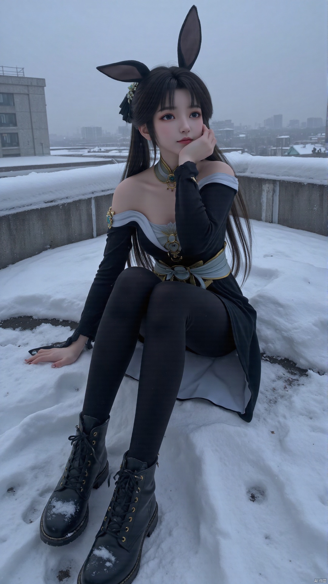 Realistic photo, 1girl, long flowing hair, fair skin, big breasts, bare shoulder,
Wearing a black bunny ear headband, a hooded sweatshirt, black leggings and high snow boots, she sat on a snow-covered roof. She is smiling, sitting relaxedly, and her eyes are natural. The rooftops are dotted with gray railings and buildings, and the sky is overcast with gray tones. The ground is covered with deep snow and the light is soft, creating a calm, tranquil atmosphere. The overall tone of the picture is dark, but the color saturation is moderate, and it has a slight retro film filter effect. The details of the clothing are exquisite, from the smooth tailoring of bunny ear headbands and hooded sweatshirts to the delicate texture of high-top snow boots. The composition is simple, the subject is prominent, and the background and foreground are in sharp contrast. The overall style is light, fashionable and has a bit of winter casual atmosphere.