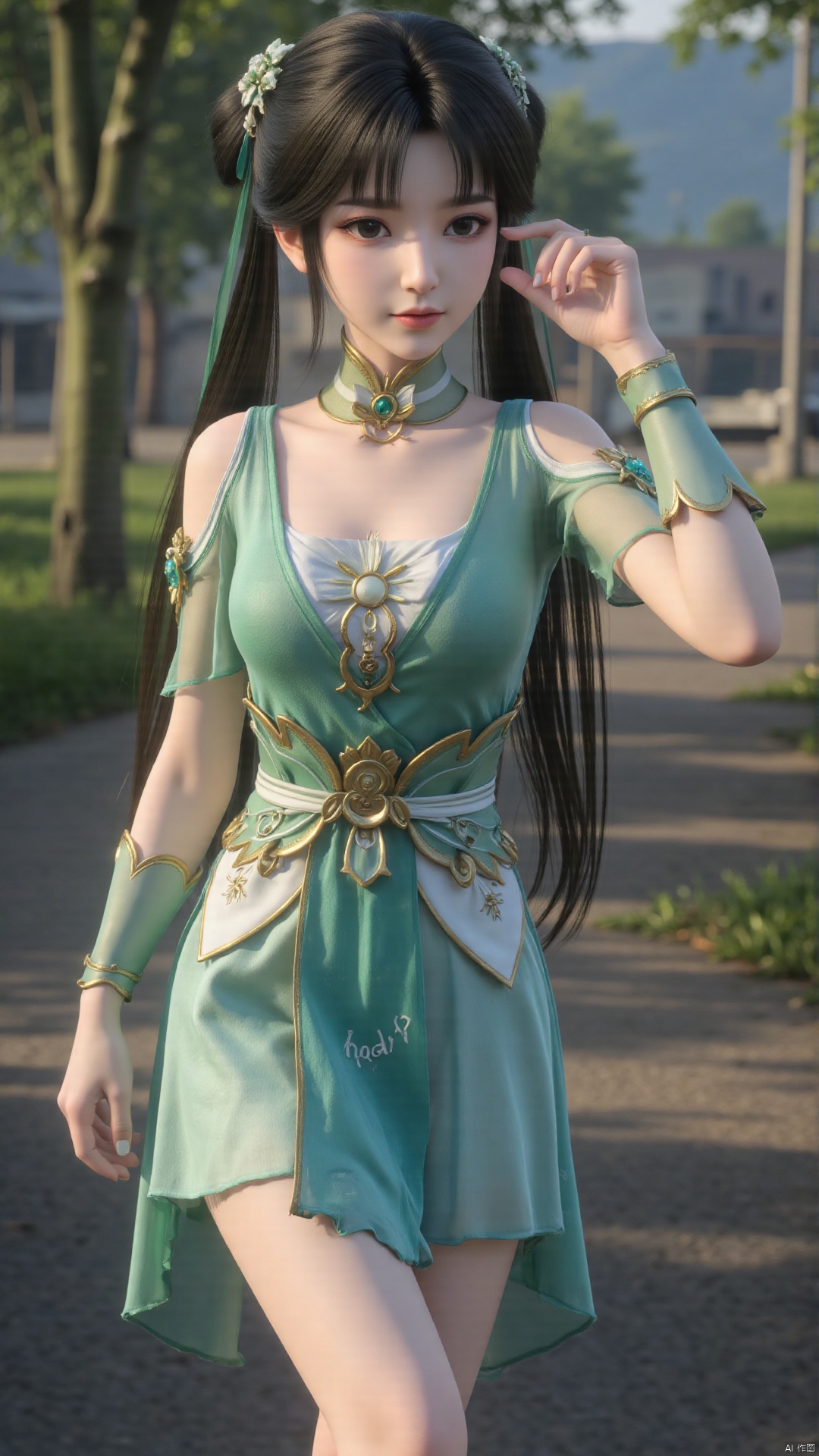  1girl, green dress, bare legs, twintails, solo, hair ornament, chinese clothes, mischevious smile, perfect body, scenery, sharp focus, best quality, masterpiece, detailed outfit, illustration, perfect eyes, finely detailed beautiful anime eyes, realistic skin, intricate details, best lighting, depth of field, ultra high resolution,cowboy_shot, dynamic pose, dynamic angle,